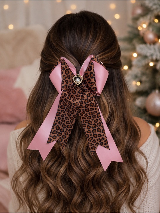 Hand Crafted Other - Pink Satin & Leopard Print Hair Bow with Heart Accent